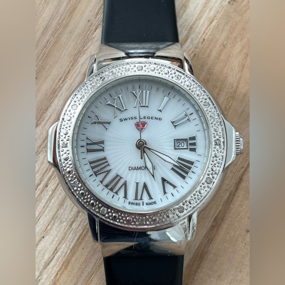 Swiss Legend Diamonds Ladies Watch Pearl Dial Date Window Poly Strap IOB